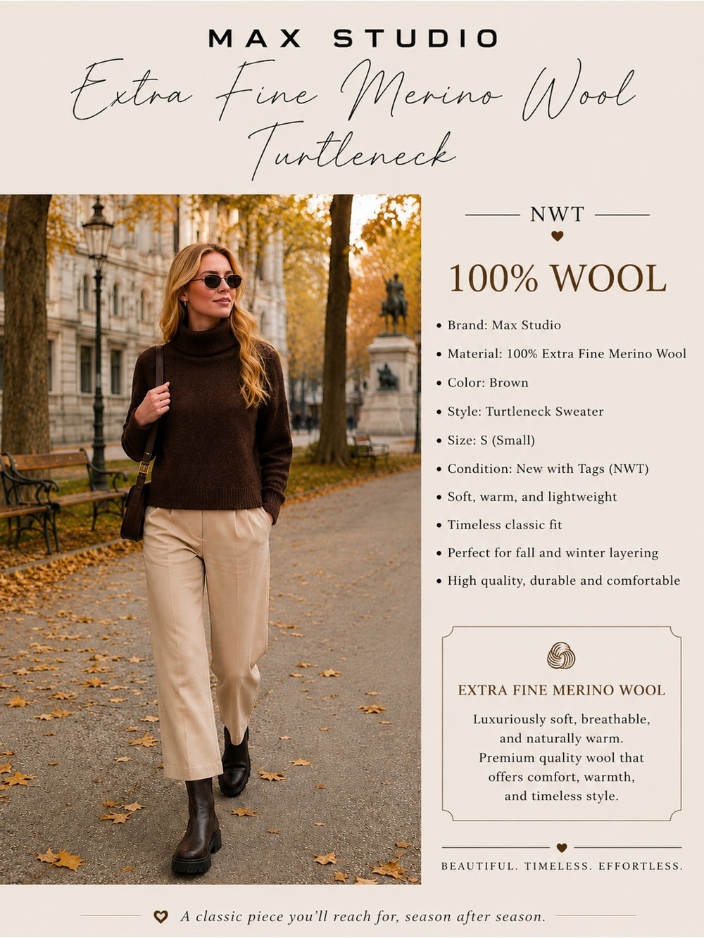 100% Wool Max Studio NWT Extra Fine Merino Wool Turtleneck size S.